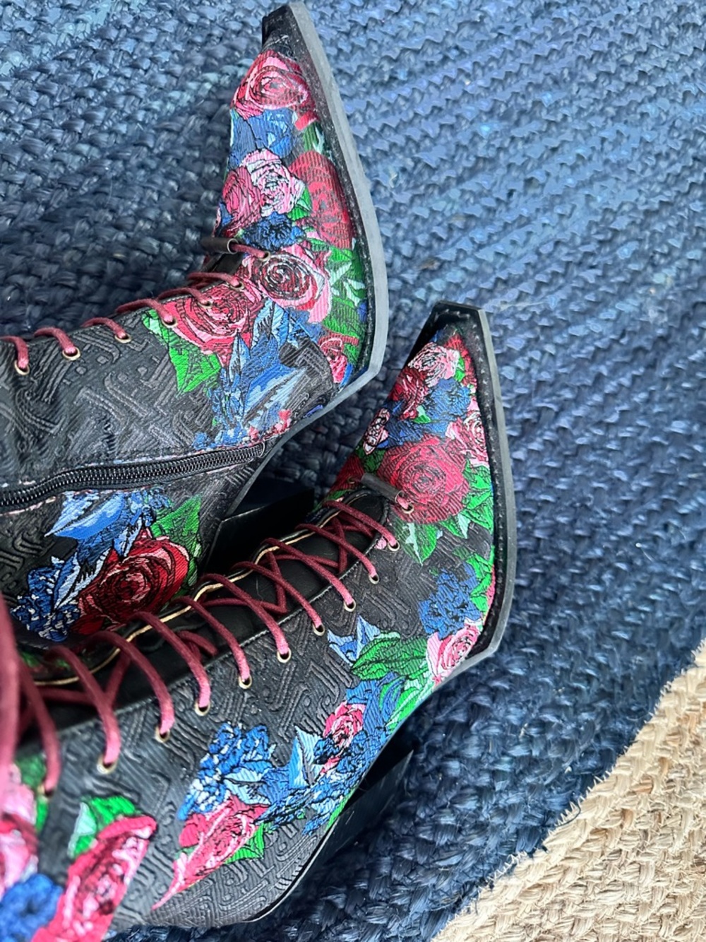 John Fluevog Black Lace-Up Ankle Boots with Red, Blue & Green Floral Embroidery
